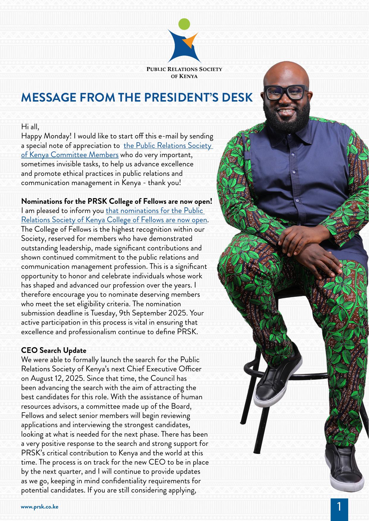 President's Desk message — page 1